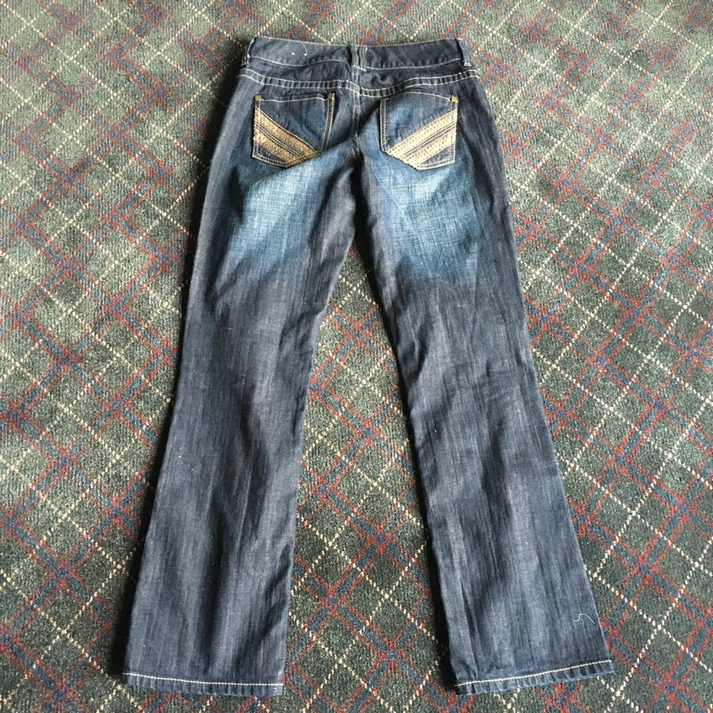 Chico's Blue Bootcut Jeans with Vintage Fading pocket leather decals western